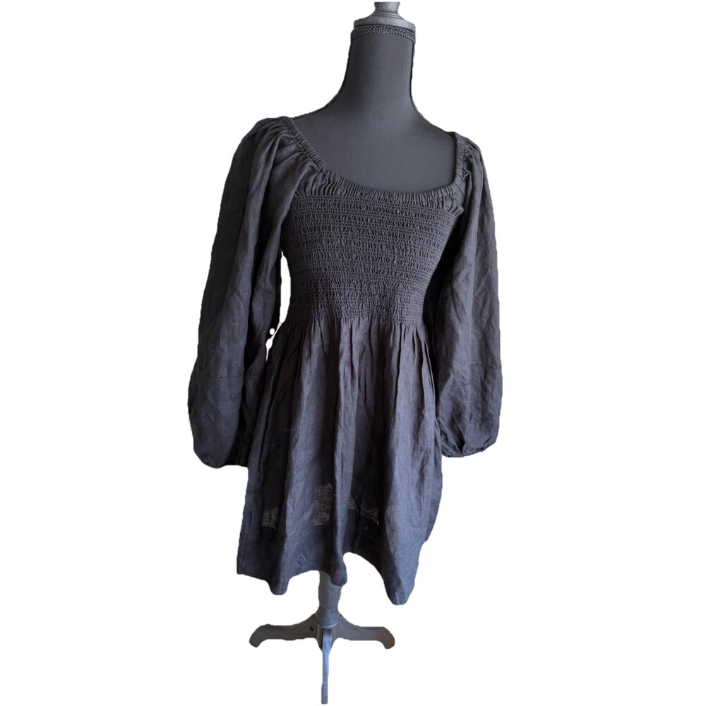 AE77 Premium smocked Linen Balloon Sleeve Dress Size S Black $228